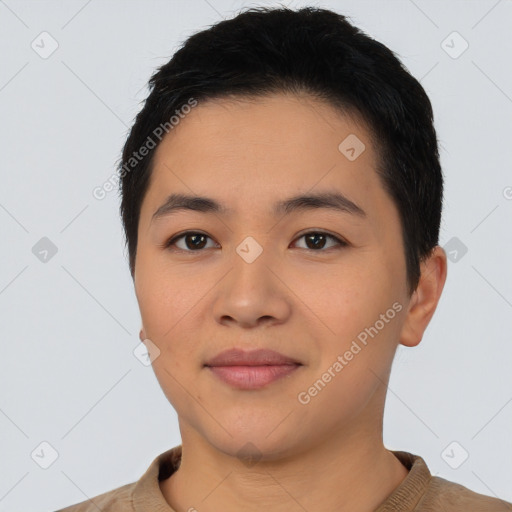 Joyful asian young-adult female with short  black hair and brown eyes