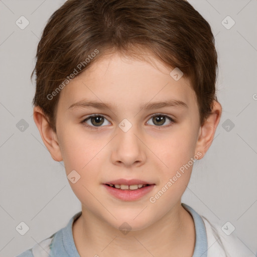 Joyful white child female with short  brown hair and brown eyes