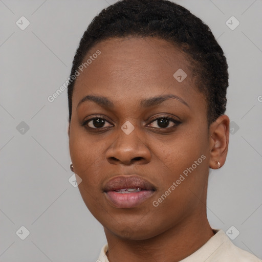 Neutral black young-adult female with short  black hair and brown eyes