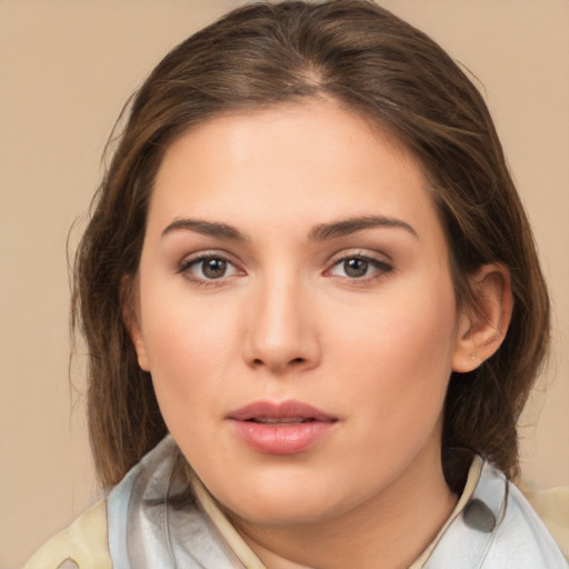 Neutral white young-adult female with medium  brown hair and brown eyes