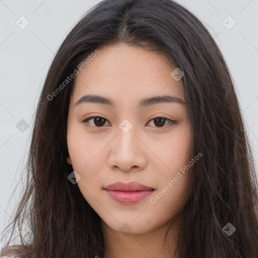 Neutral asian young-adult female with long  brown hair and brown eyes