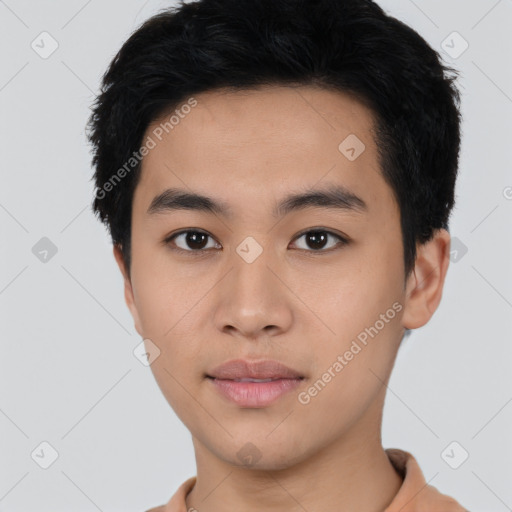 Neutral asian young-adult male with short  black hair and brown eyes