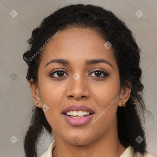 Joyful latino young-adult female with long  brown hair and brown eyes