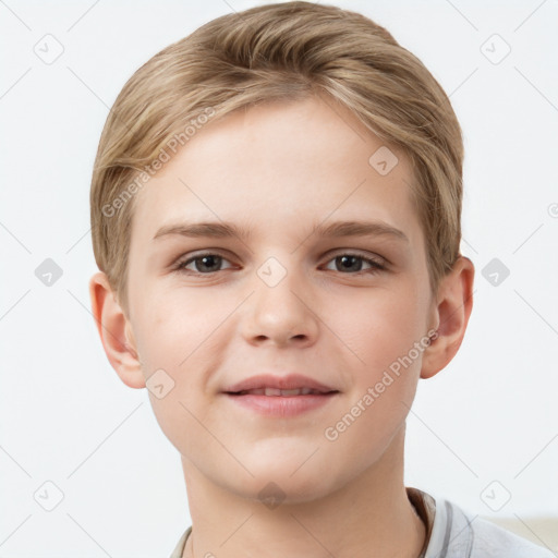 Joyful white child female with short  brown hair and grey eyes