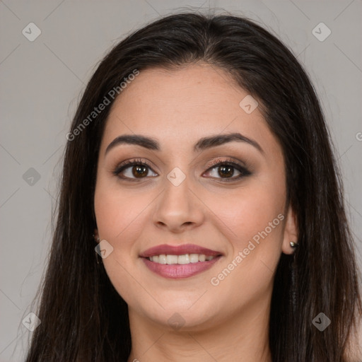 Joyful white young-adult female with long  brown hair and brown eyes