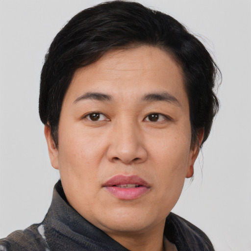 Joyful asian young-adult female with short  black hair and brown eyes