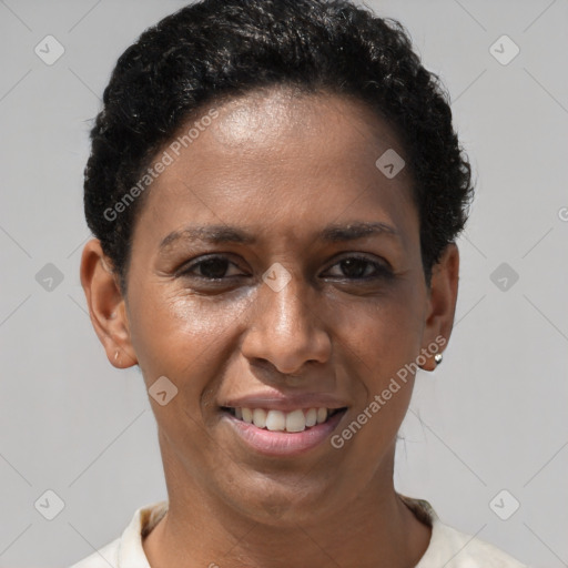 Joyful latino young-adult female with short  brown hair and brown eyes