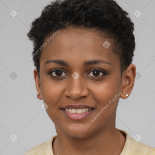 Joyful black young-adult female with short  brown hair and brown eyes