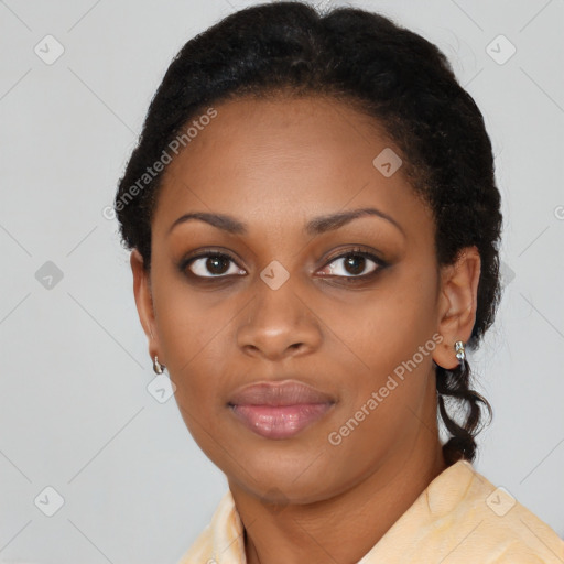 Neutral black young-adult female with short  black hair and brown eyes