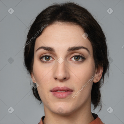 Neutral white young-adult female with medium  brown hair and brown eyes