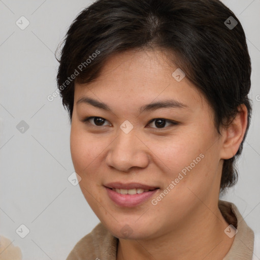 Joyful white young-adult female with medium  brown hair and brown eyes