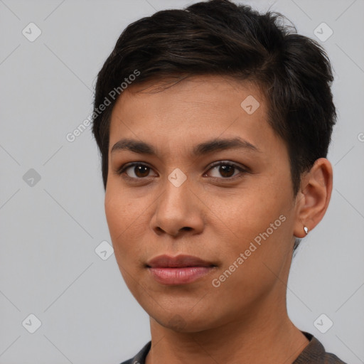 Joyful white young-adult female with short  brown hair and brown eyes