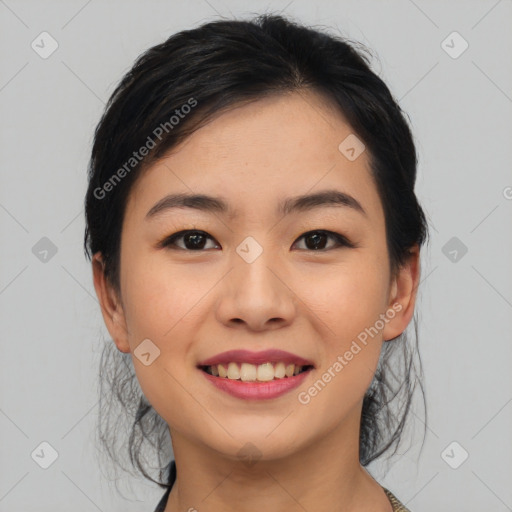 Joyful asian young-adult female with medium  black hair and brown eyes