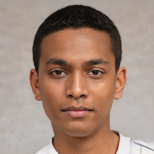 Neutral black young-adult male with short  black hair and brown eyes