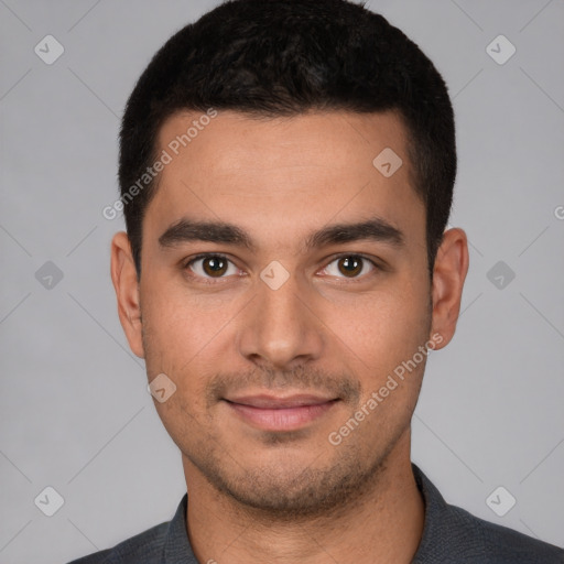 Joyful white young-adult male with short  black hair and brown eyes