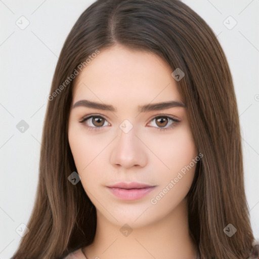 Neutral white young-adult female with long  brown hair and brown eyes