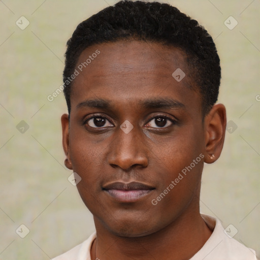 Neutral black young-adult male with short  black hair and brown eyes