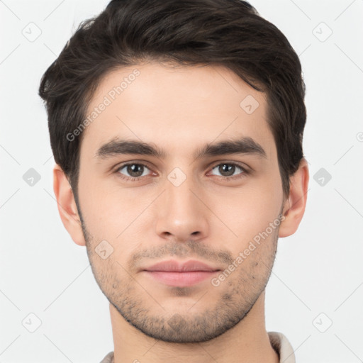 Neutral white young-adult male with short  brown hair and brown eyes