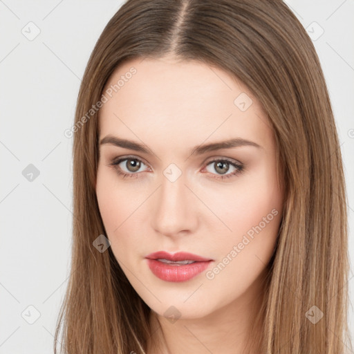 Neutral white young-adult female with long  brown hair and brown eyes