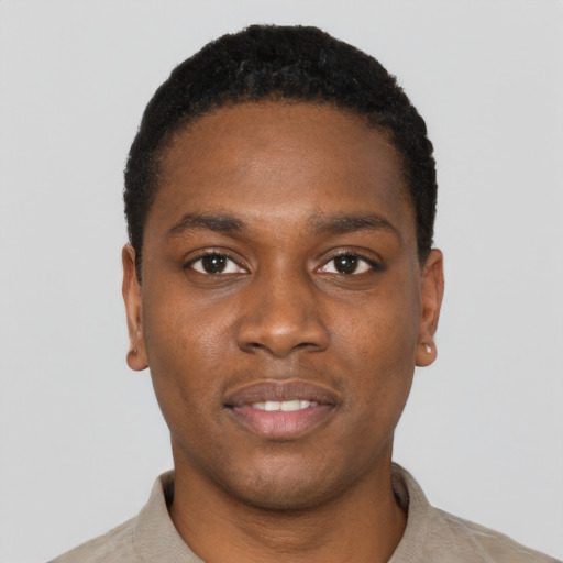 Neutral black young-adult male with short  black hair and brown eyes