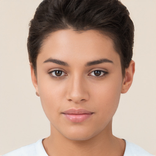 Neutral white young-adult female with short  brown hair and brown eyes