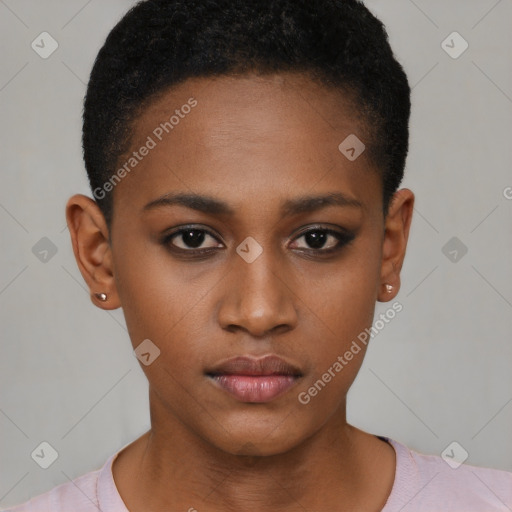 Neutral black young-adult female with short  brown hair and brown eyes