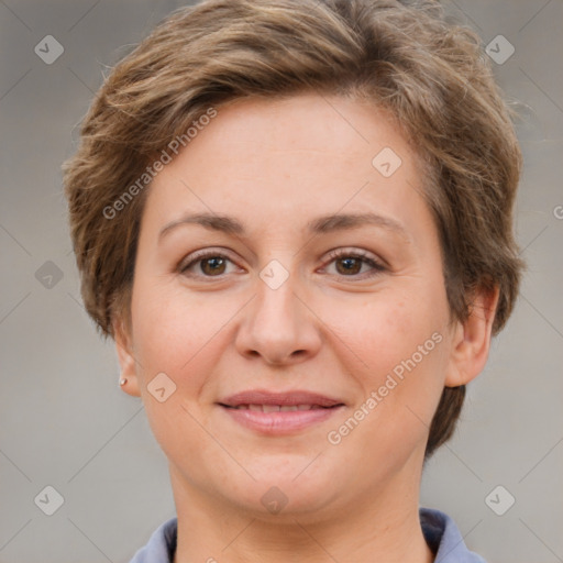 Joyful white adult female with short  brown hair and brown eyes