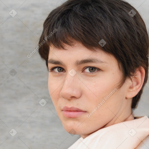 Neutral white young-adult female with short  brown hair and brown eyes