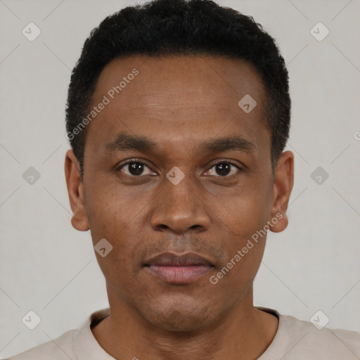 Neutral black young-adult male with short  black hair and brown eyes