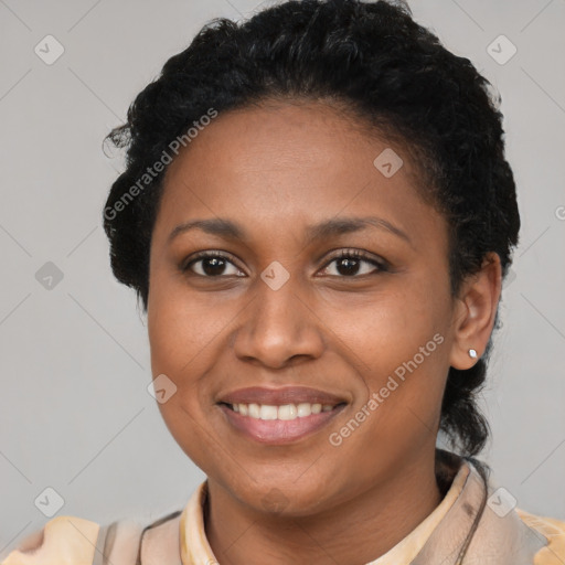 Joyful latino young-adult female with short  brown hair and brown eyes