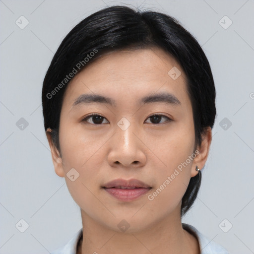 Neutral asian young-adult female with medium  black hair and brown eyes