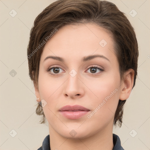 Neutral white young-adult female with medium  brown hair and brown eyes