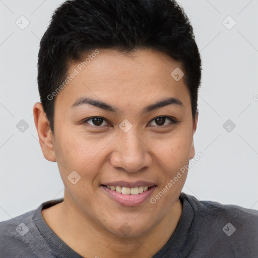 Joyful latino young-adult female with short  brown hair and brown eyes