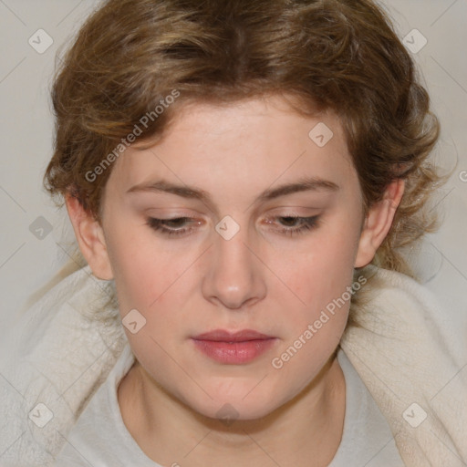 Neutral white young-adult female with medium  brown hair and brown eyes