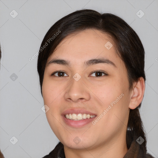 Joyful white young-adult female with medium  brown hair and brown eyes