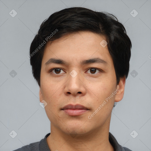 Neutral asian young-adult male with short  black hair and brown eyes