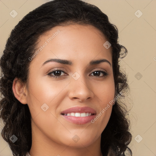 Joyful latino young-adult female with long  brown hair and brown eyes