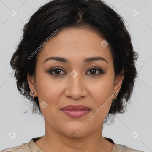 Joyful latino young-adult female with medium  brown hair and brown eyes