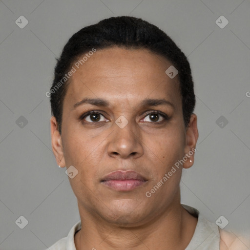 Neutral latino young-adult female with short  brown hair and brown eyes