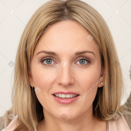 Joyful white young-adult female with medium  brown hair and blue eyes