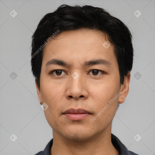 Neutral asian young-adult male with short  black hair and brown eyes