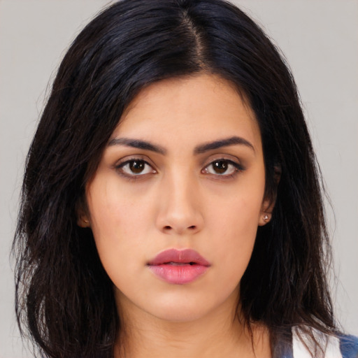 Neutral asian young-adult female with long  black hair and brown eyes
