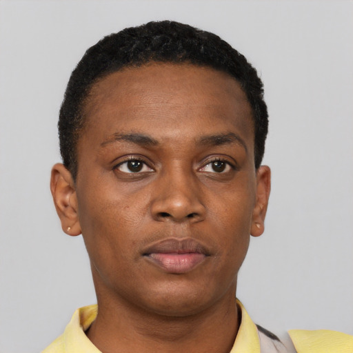 Neutral black young-adult male with short  black hair and brown eyes
