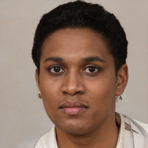 Neutral latino young-adult female with short  black hair and brown eyes