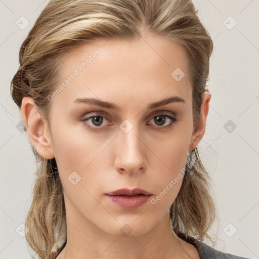 Neutral white young-adult female with medium  brown hair and brown eyes