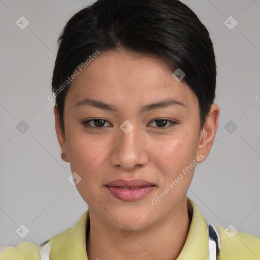 Joyful asian young-adult female with short  brown hair and brown eyes