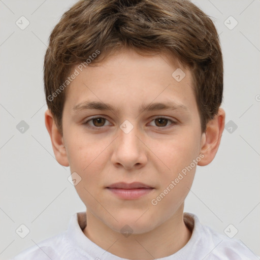 Joyful white child male with short  brown hair and brown eyes