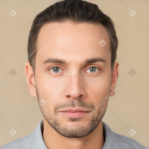 Neutral white young-adult male with short  brown hair and brown eyes