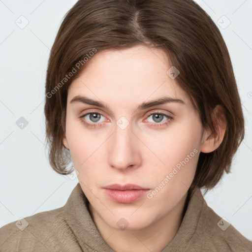 Neutral white young-adult female with medium  brown hair and grey eyes