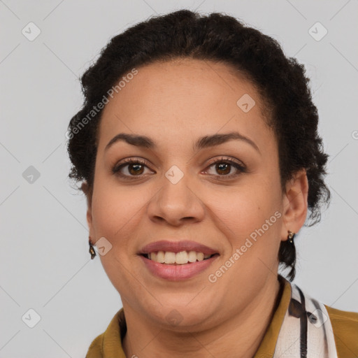 Joyful latino young-adult female with short  brown hair and brown eyes